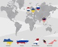 World map with Ukraine, Russia, Netherlands, Malaysia pointers Royalty Free Stock Photo