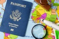 World map, USA passport, airplane and stamp. Travel and adventure concept. Correct documentation for travel