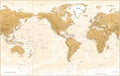 World Map - Vintage Physical Topographic - American View - America in Center - Vector Detailed Illustration Royalty Free Stock Photo