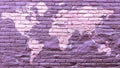 World map in white on grunge purple bricks wall