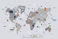 World map with wild animals living on various continents and in oceans.