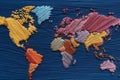 The world map is woven from many multi-colored threads. Royalty Free Stock Photo