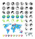 World maps on globes. Icons of earth. Global map with countries, continents and oceans. Planets with europe, asia, africa, america Royalty Free Stock Photo