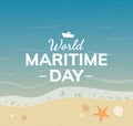 World Maritime Day card or web banner design. Seashells and starfish on the seashore near water. - Vector illustration