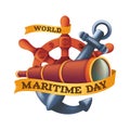 World Maritime Day design concept with steering wheel or rudder, spyglass and anchor. Vintage vector illustration isolated on a