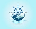 World Maritime Day with World map and Ship Wheel Symbol Royalty Free Stock Photo