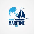 World Maritime Day with world map and sailboat in flat style