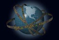 World markets globe with orbiting stock tickers Royalty Free Stock Photo