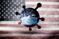 World mask protect Corona virus on American flag background concept for Earth warning covid19 flu pandemic quarantine, 4th July Royalty Free Stock Photo