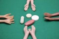 World medicine and international medical organizations. Finding and choosing the right medication. Hands of different shades reach