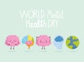 World mental health day, brain characters planet organ head icons card