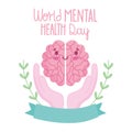 World mental health day, cartoon brain in hands ribbon card