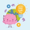 World mental health day, cartoon brain planet gears puzzles bulb idea