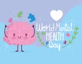 World mental health day, cartoon brain with puzzles heart lettering card