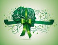 World mental health day concept. Green awareness ribbon and brain symbol on a green white background Royalty Free Stock Photo