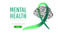 World mental health day concept. Green awareness ribbon with line brain icon or shape on a white background Royalty Free Stock Photo