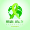 World mental health day concept. Green awareness ribbon with world map shape on green background Royalty Free Stock Photo