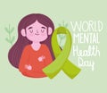 World mental health day, girl green ribbon awareness medical