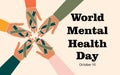 World Mental Health Day, 10 October. Green support ribbon in people`s hands. Horizontal modern poster. Vector Royalty Free Stock Photo