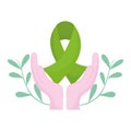World mental health day, hands green ribbon brain emblem