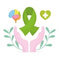 World mental health day, hands green ribbon brain and heart emblem