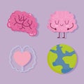 World mental health day, human brain characters planet and heart icons