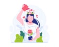 World Mental Health Day Illustration. A Woman Watering Flowers Growing in Her Head. Psychological Support, Healthy Mind,