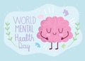 World mental health day, inscription cartoon brain puzzles foliage