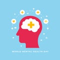 World mental health day poster background design. Human head with brain and psychology medical symbol vector illustration