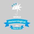 World Meteorological Day. Vector illustration greeting card with umbrella and sun. Flat style design on gray. Royalty Free Stock Photo