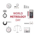 World Metrology Day. May 20. Banner with measuring instruments. Template for background, banner, card, poster with text