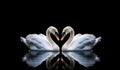 World Migratory Bird Day - Two white swans with black background, love creating heart shape, mirror reflection. Generative AI Royalty Free Stock Photo