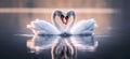World Migratory Bird Day - Two white swans in clear water lake, love creating heart shape, mirror reflection. Generative AI Royalty Free Stock Photo