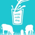 World milk day Cow, Milk pouring from a bottle in glass, silhouettes on Blue background.