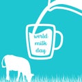 World milk day Cow, Milk pouring from a jar in cup, silhouettes on Blue background.