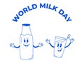 World Milk Day. Silhouette of milk bottle and glass on beige background in groovy style. Holiday banner on June 1.