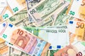 World money concept, detail on EURO and US dollar banknotes, EURO and US currency background, inflation, finance and business Royalty Free Stock Photo