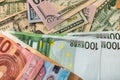 World money concept, detail on EURO and US dollar banknotes, EURO and US currency background, inflation, finance and business Royalty Free Stock Photo