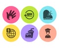 World money, Social responsibility and Piano icons set. Hamburger, Refund commission and Student signs. Vector