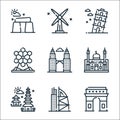 World monument line icons. linear set. quality vector line set such as arc de triomphe, pura, mosque, twin tower, pisa tower,