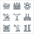 World monument line icons. linear set. quality vector line set such as pura, washington monument, torii gate, mecca, fernsehturm