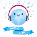 World Music Day. Blue and white vector illustration. Cute happy globe with big pink headphones, musical signs and ribbon