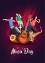 World music day dance night party Flyer design with group of people dancing on shiny colorful background. Vector celebration Royalty Free Stock Photo