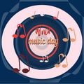 World music day, disc. sounds, planet of global music, vector banner