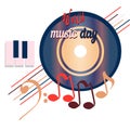 World music day, disc. sounds, planet of global music, vector banner