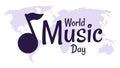World music day poster with tones icon and world map background in flat design style Royalty Free Stock Photo