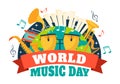 World Music Day Vector Illustration on 21 June with Various Musical Instruments and Notes in Flat Cartoon Background Royalty Free Stock Photo