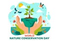 World Nature Conservation Day Vector Illustration with World Map, Tree and Eco Friendly Ecology for Preservation in Flat Cartoon Royalty Free Stock Photo