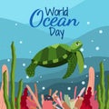 World ocean day in cartoon style on blue background with big green turtle, seaweed and corals.