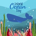 World ocean day in cartoon style on blue background with cute sperm whale seaweed and corals. Royalty Free Stock Photo